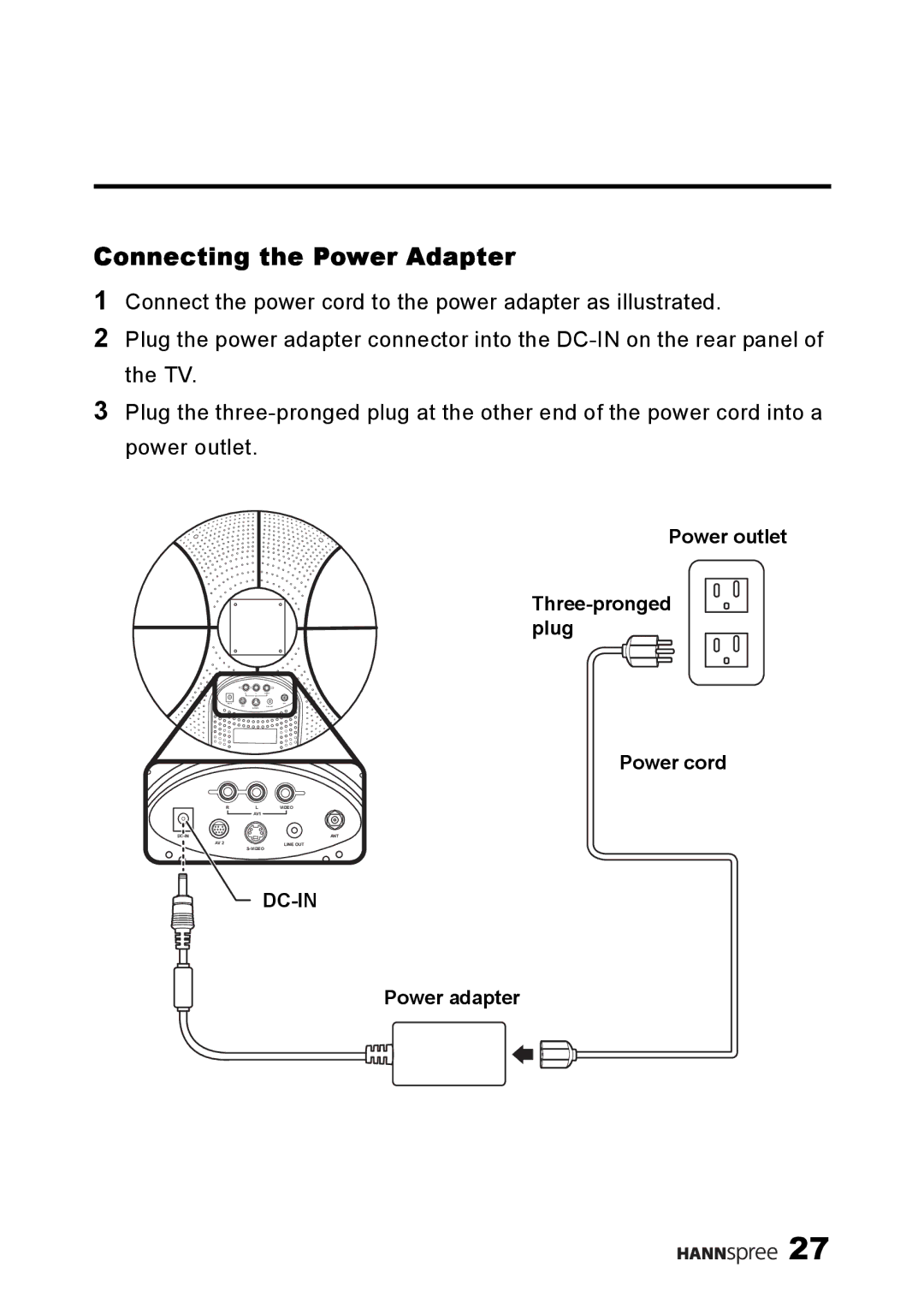 HANNspree MAC-001056 manual Connecting the Power Adapter 