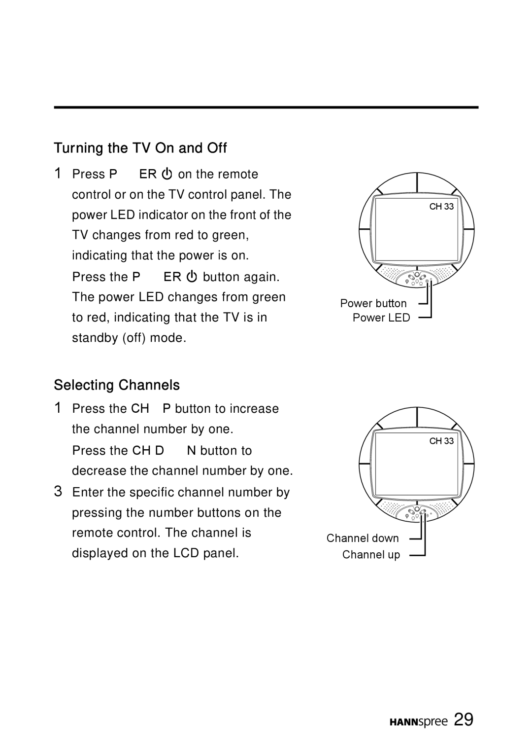 HANNspree MAC-001056 manual Turning the TV On and Off, Selecting Channels 