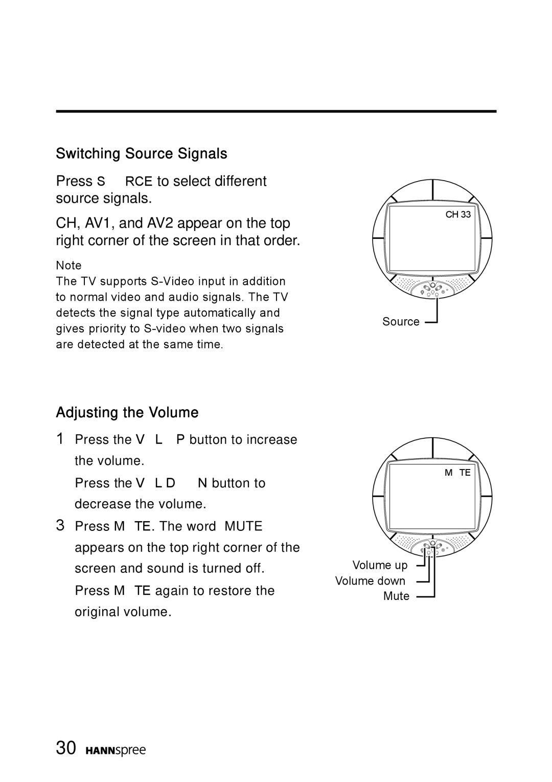 HANNspree MAC-001056 manual Switching Source Signals, Adjusting the Volume 