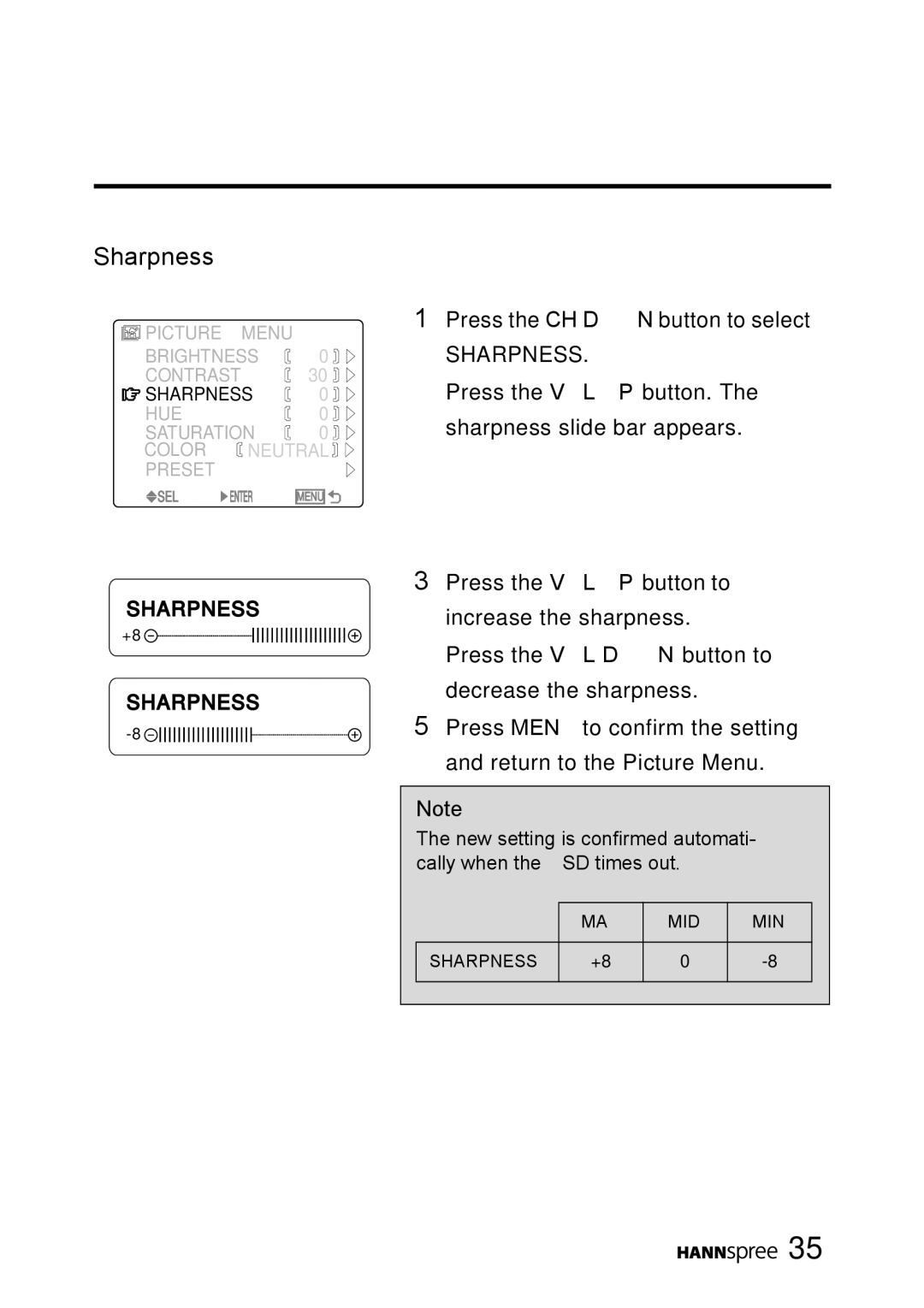 HANNspree MAC-001056 manual Sharpness 