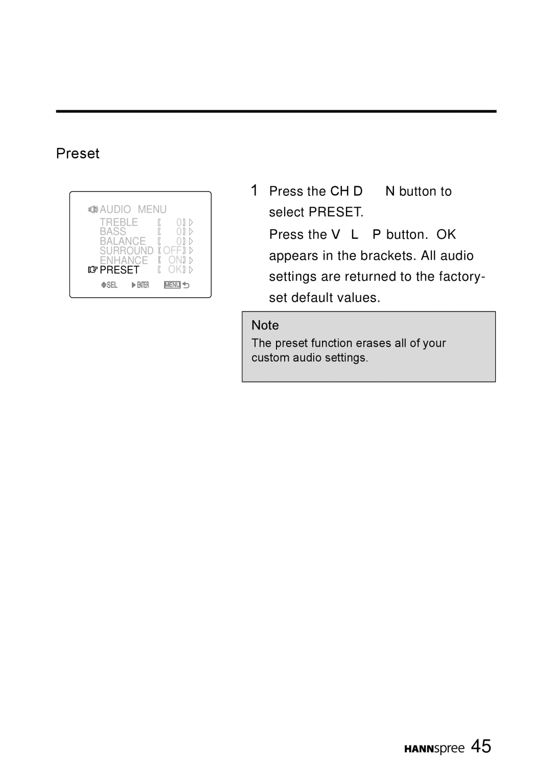 HANNspree MAC-001056 manual Preset function erases all of your custom audio settings 