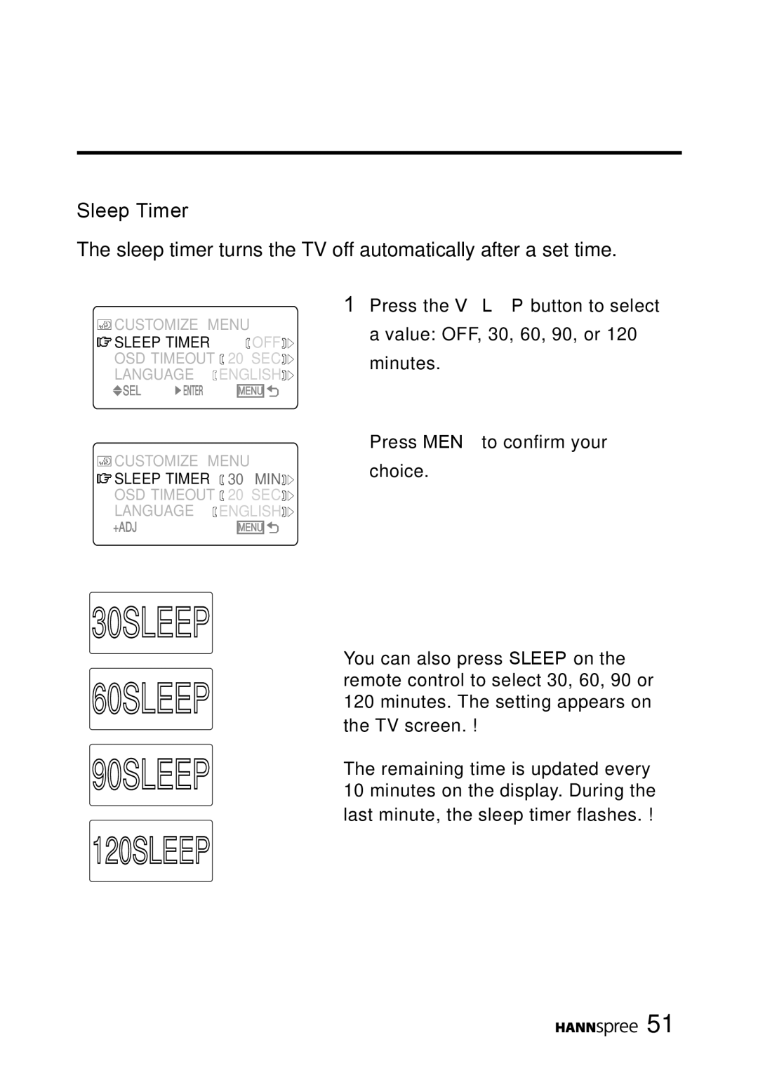 HANNspree MAC-001056 manual Sleep Timer, Sleep timer turns the TV off automatically after a set time 