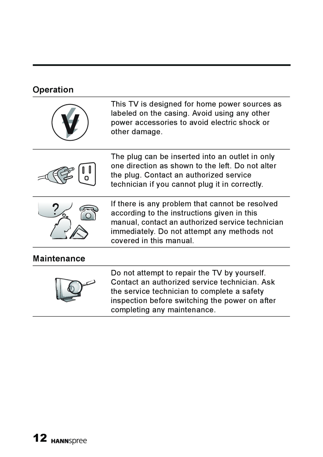 HANNspree MAK-000011 user manual Operation, Maintenance 