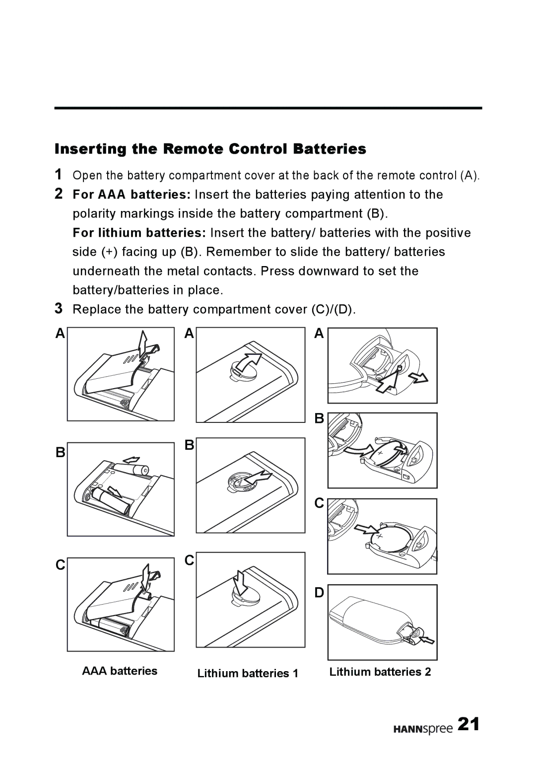 HANNspree MAK-000011 user manual Inserting the Remote Control Batteries 