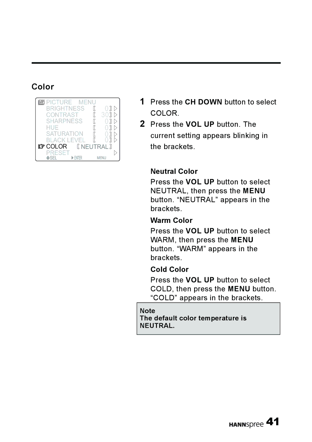 HANNspree MAK-000011 user manual Neutral Color, Warm Color, Cold Color 