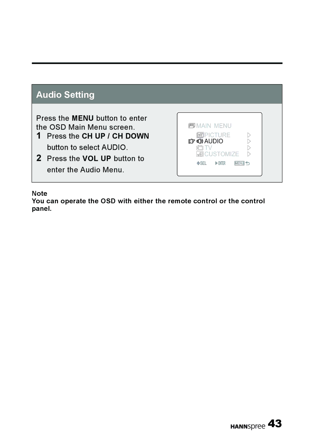 HANNspree MAK-000011 user manual Audio Setting, Press the CH UP / CH Down button to select Audio 