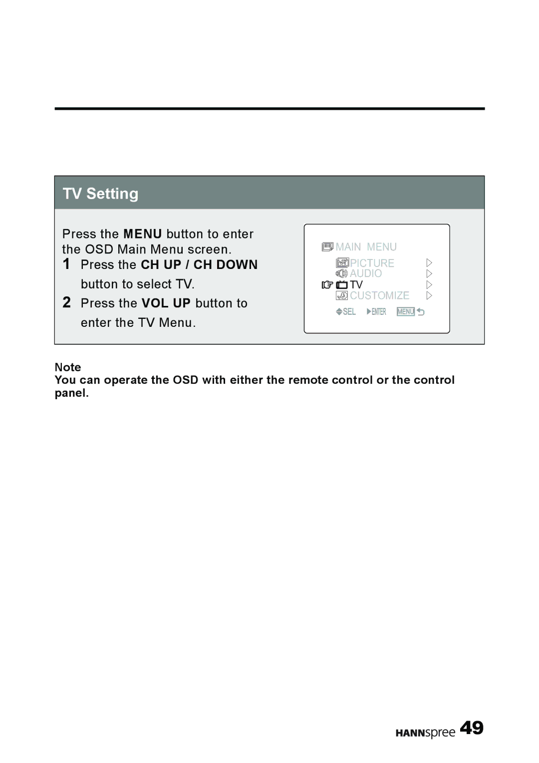 HANNspree MAK-000011 user manual TV Setting, Press the CH UP / CH Down button to select TV 