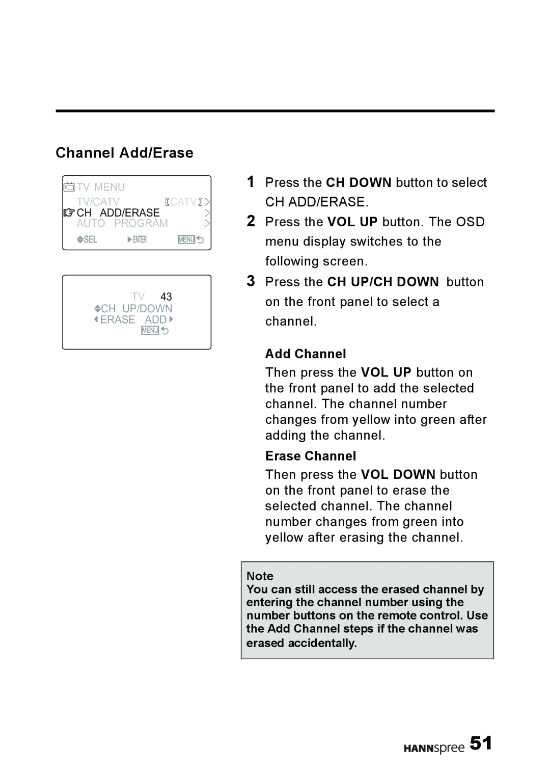 HANNspree MAK-000011 user manual Channel Add/Erase, Ch Add/Erase, Add Channel, Erase Channel 