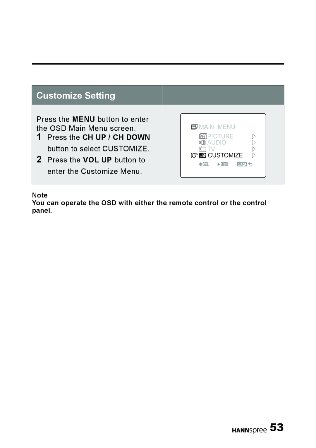 HANNspree MAK-000011 user manual Customize Setting, Press the CH UP / CH Down button to select Customize 