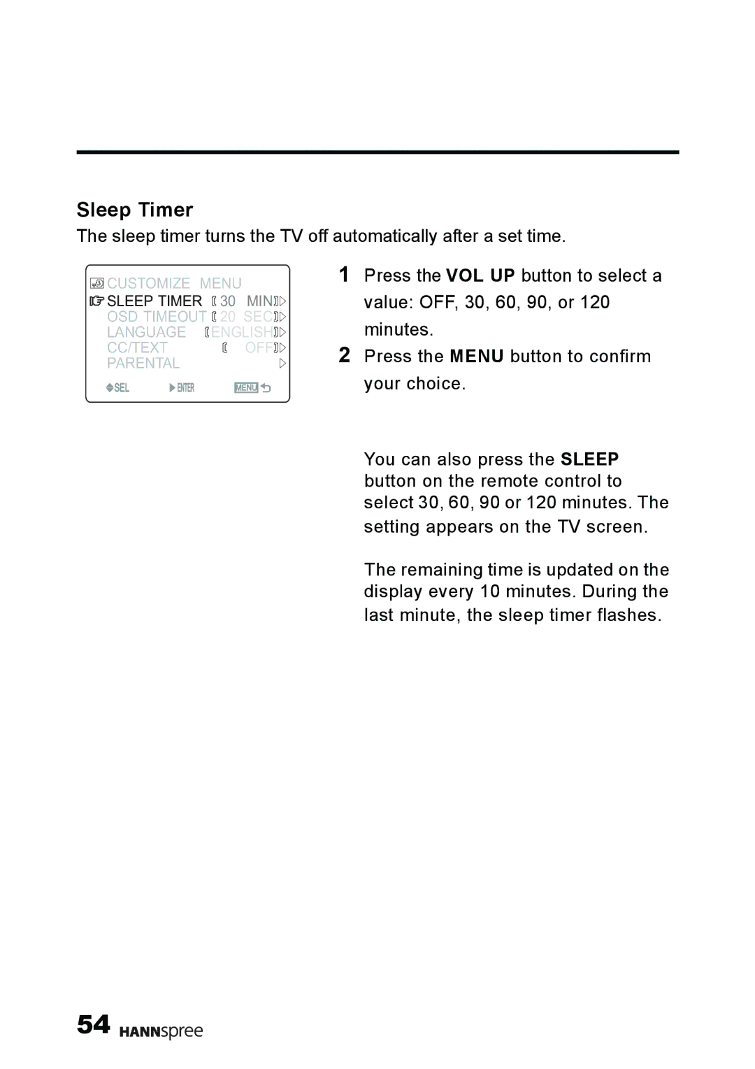 HANNspree MAK-000011 user manual Sleep Timer 