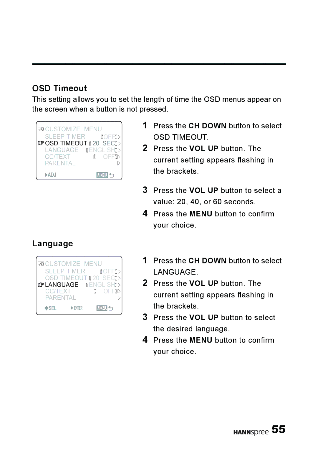 HANNspree MAK-000011 user manual OSD Timeout, Language 