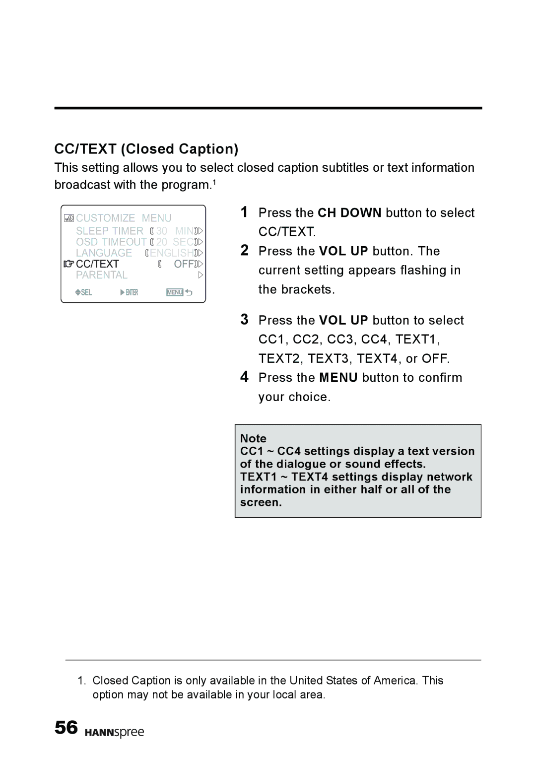 HANNspree MAK-000011 user manual CC/TEXT Closed Caption 