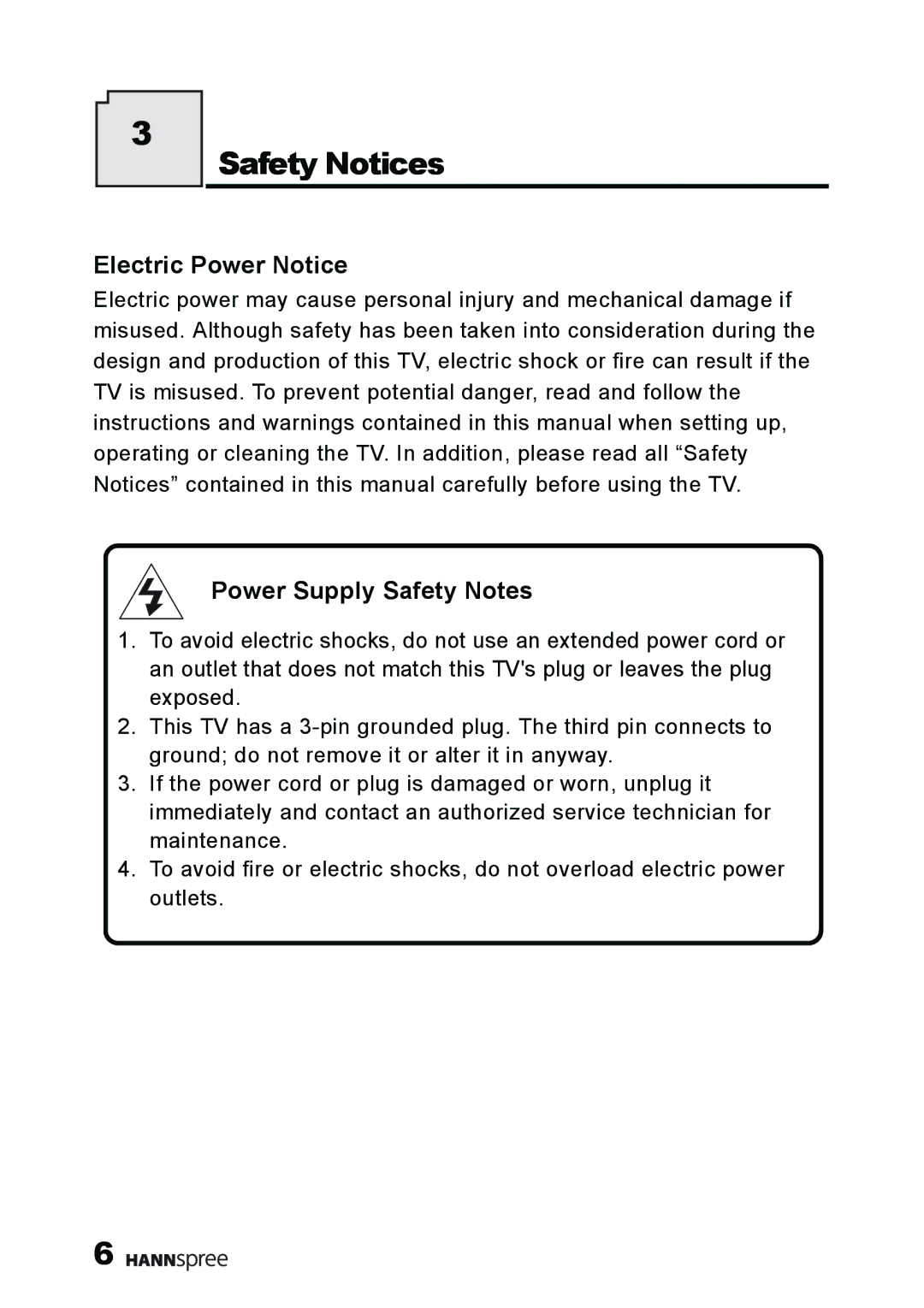 HANNspree MAK-000011 user manual Electric Power Notice, Power Supply Safety Notes 