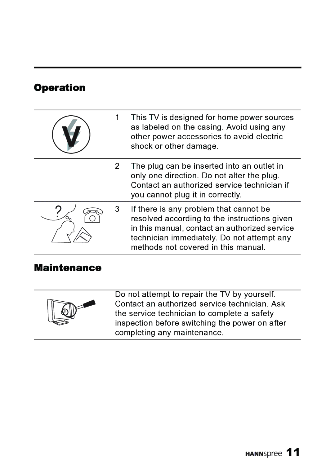 HANNspree MAK-000019 user manual Operation, Maintenance 