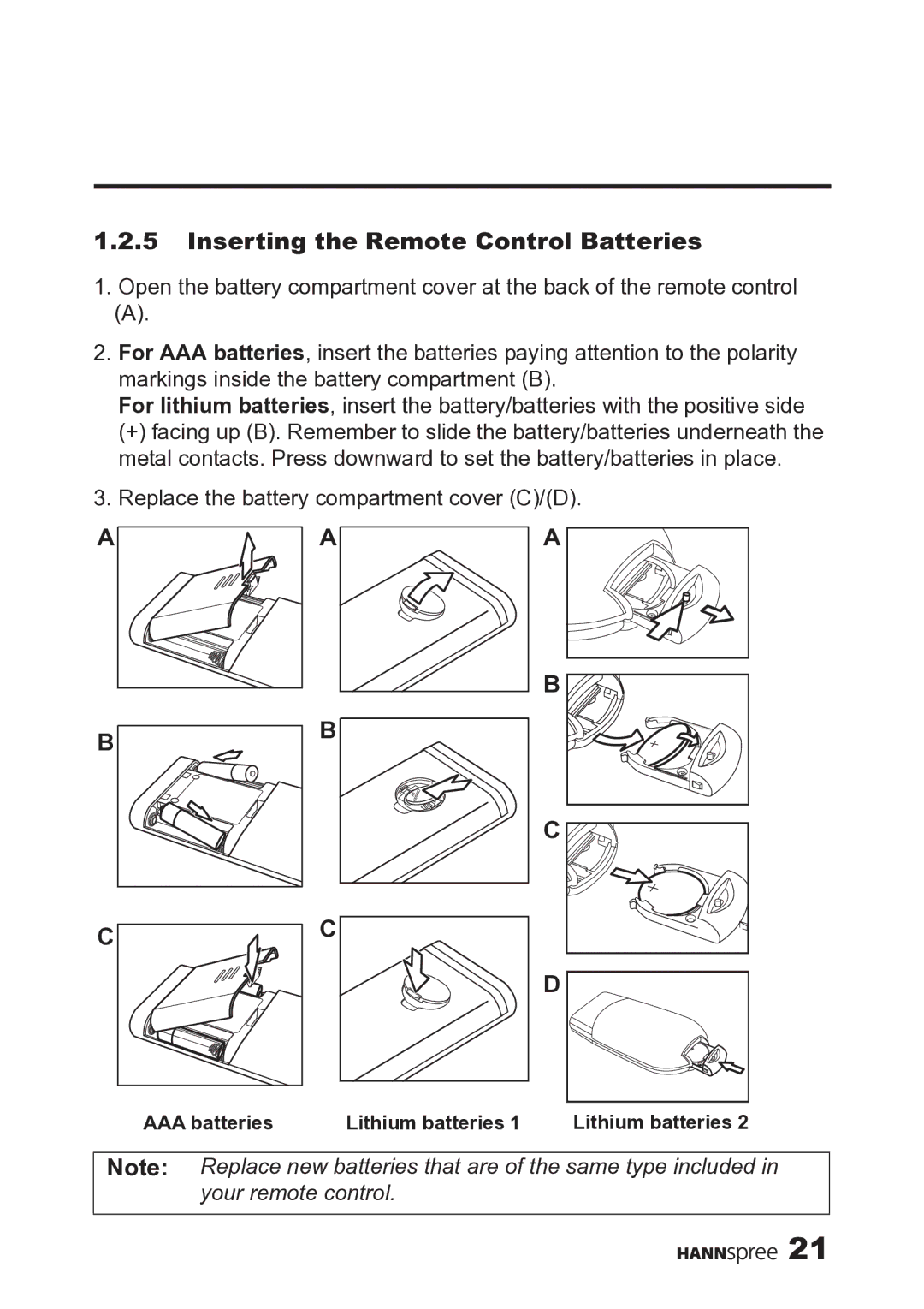 HANNspree MAK-000019 user manual Inserting the Remote Control Batteries 