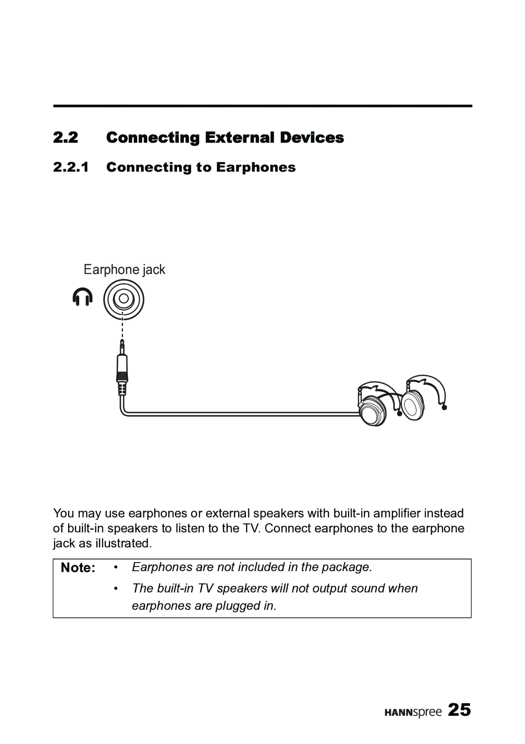 HANNspree MAK-000019 user manual Connecting External Devices, Connecting to Earphones 