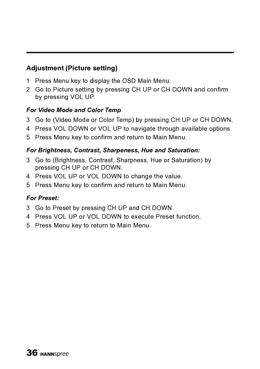 HANNspree MAK-000019 user manual Adjustment Picture setting, For Video Mode and Color Temp, For Preset 