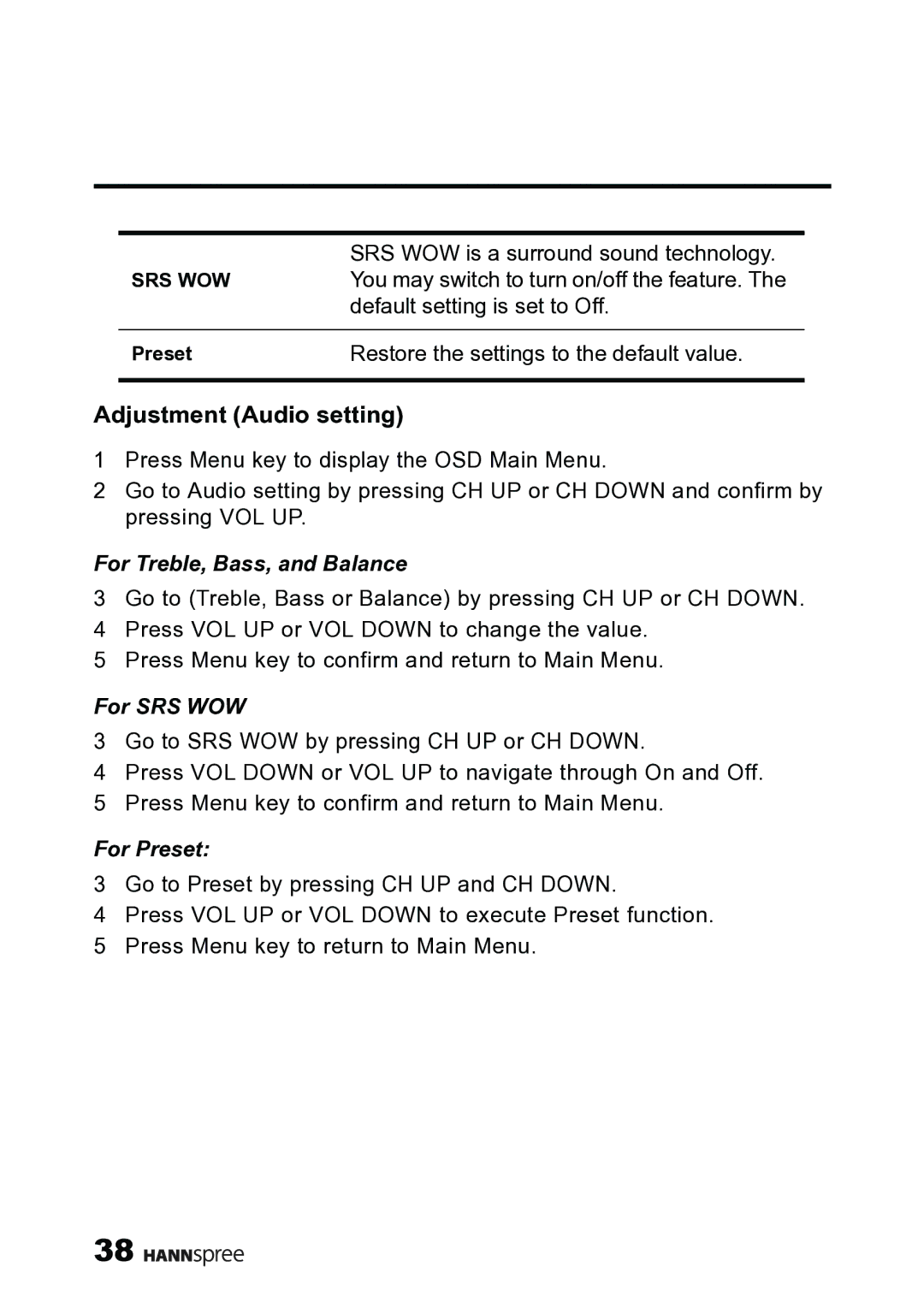 HANNspree MAK-000019 user manual Adjustment Audio setting, For Treble, Bass, and Balance, For SRS WOW 