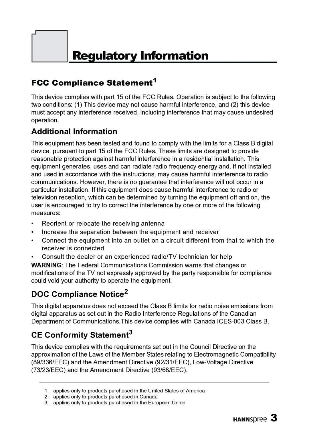 HANNspree MAK-000019 Regulatory Information, FCC Compliance Statement1, Additional Information, DOC Compliance Notice2 