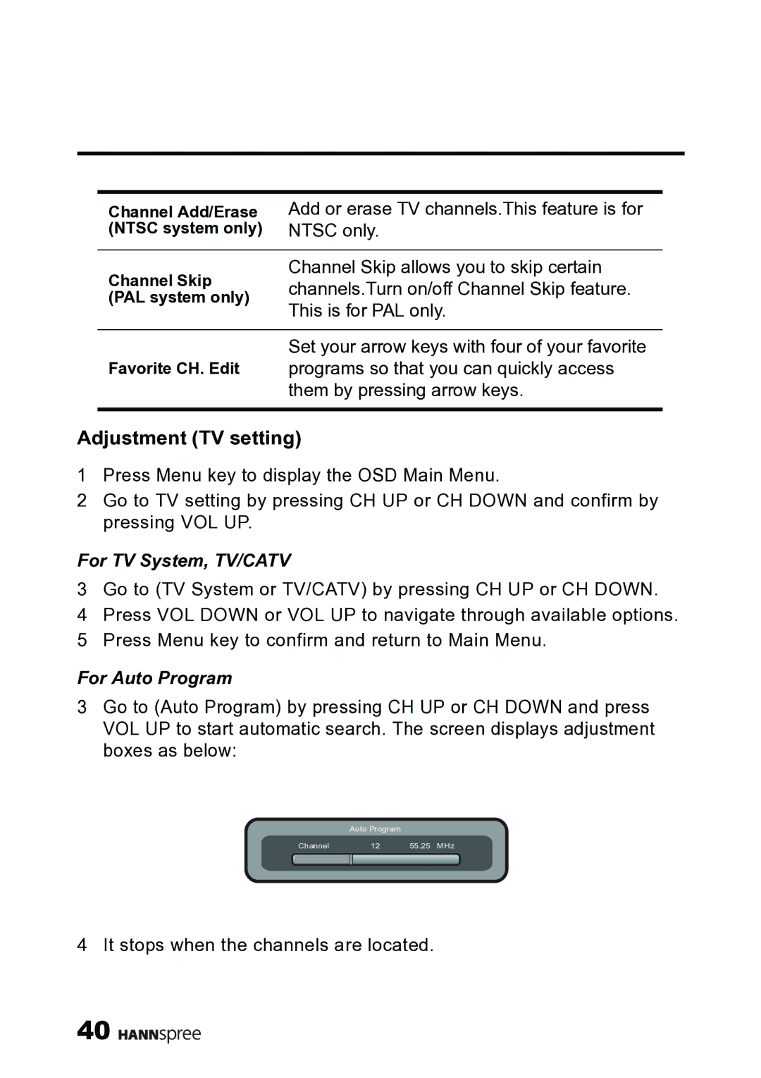 HANNspree MAK-000019 user manual Adjustment TV setting, For TV System, TV/CATV, For Auto Program 