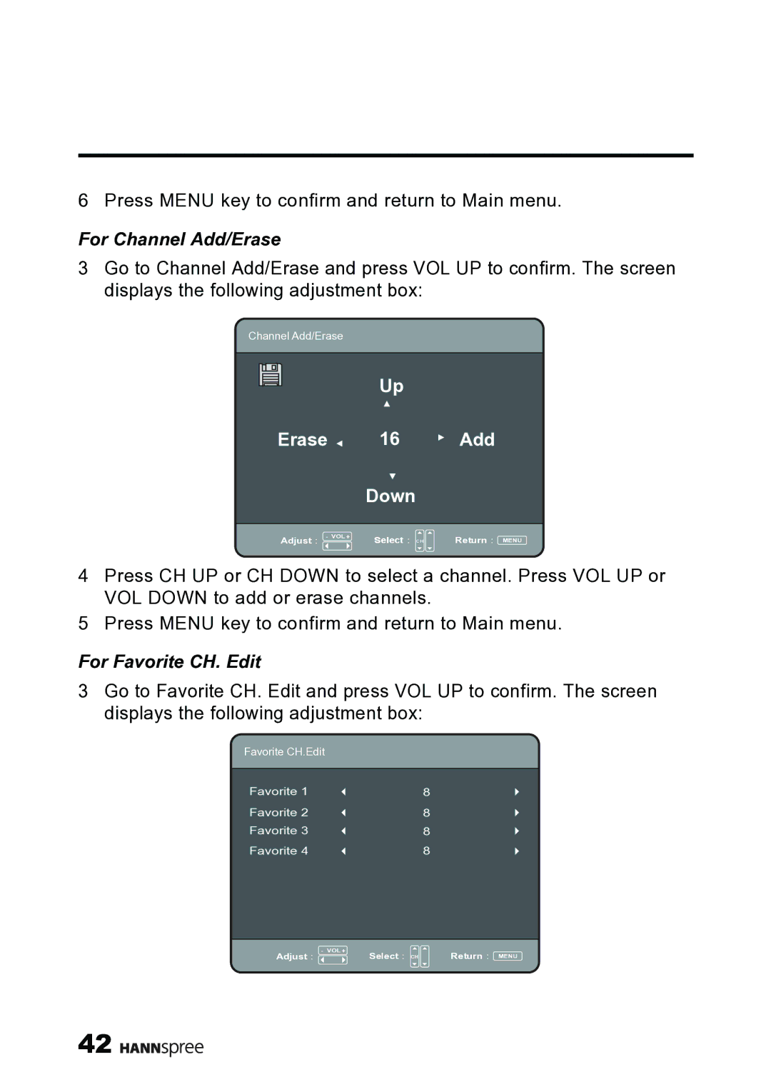 HANNspree MAK-000019 user manual For Channel Add/Erase, For Favorite CH. Edit 