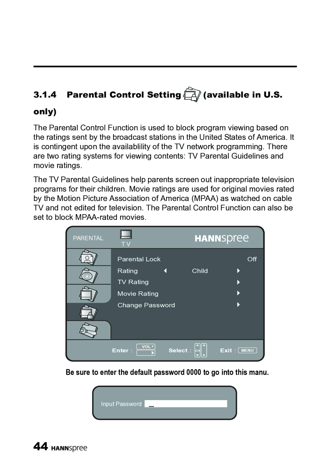 HANNspree MAK-000019 user manual Parental Control Setting available in U.S Only 