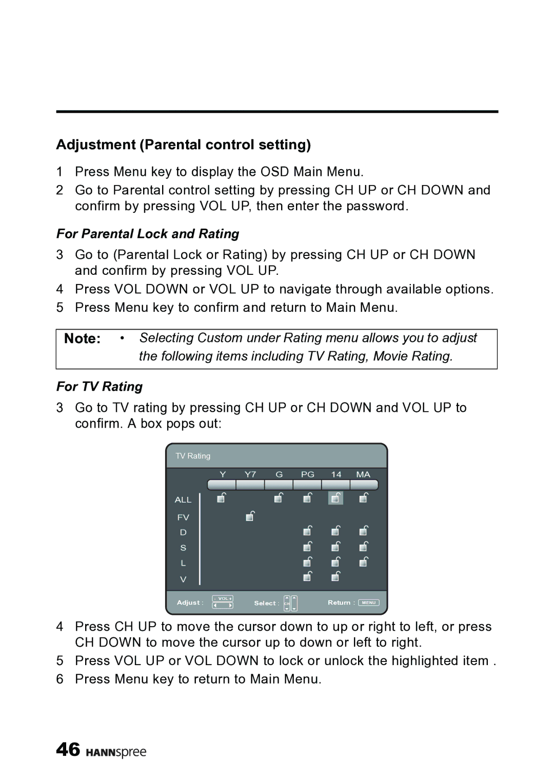 HANNspree MAK-000019 user manual Adjustment Parental control setting, For Parental Lock and Rating, For TV Rating 