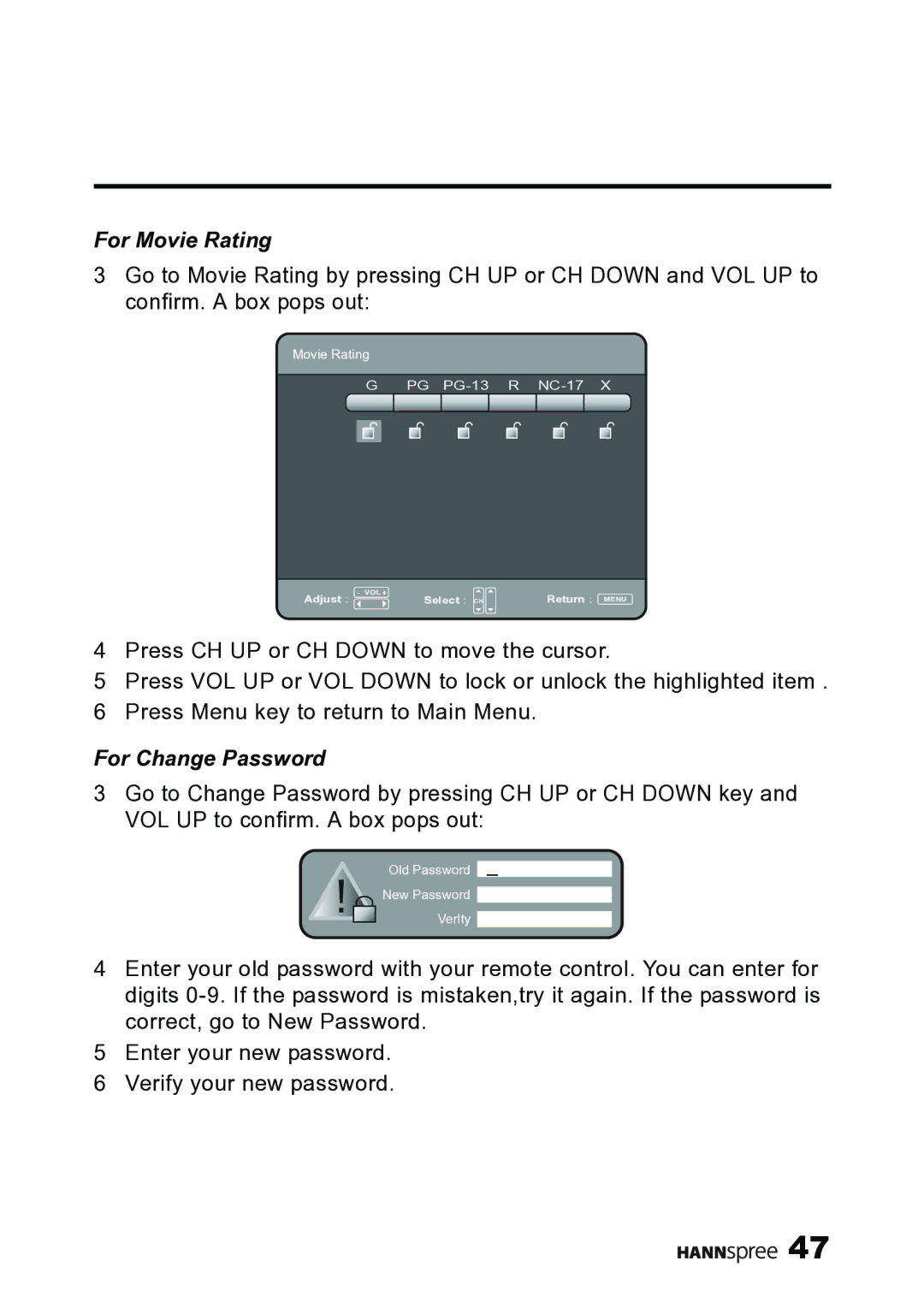 HANNspree MAK-000019 user manual For Movie Rating, For Change Password 