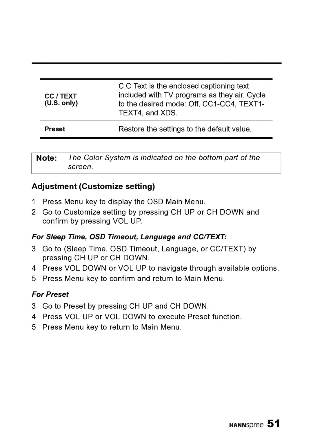 HANNspree MAK-000019 user manual Adjustment Customize setting, For Sleep Time, OSD Timeout, Language and CC/TEXT 