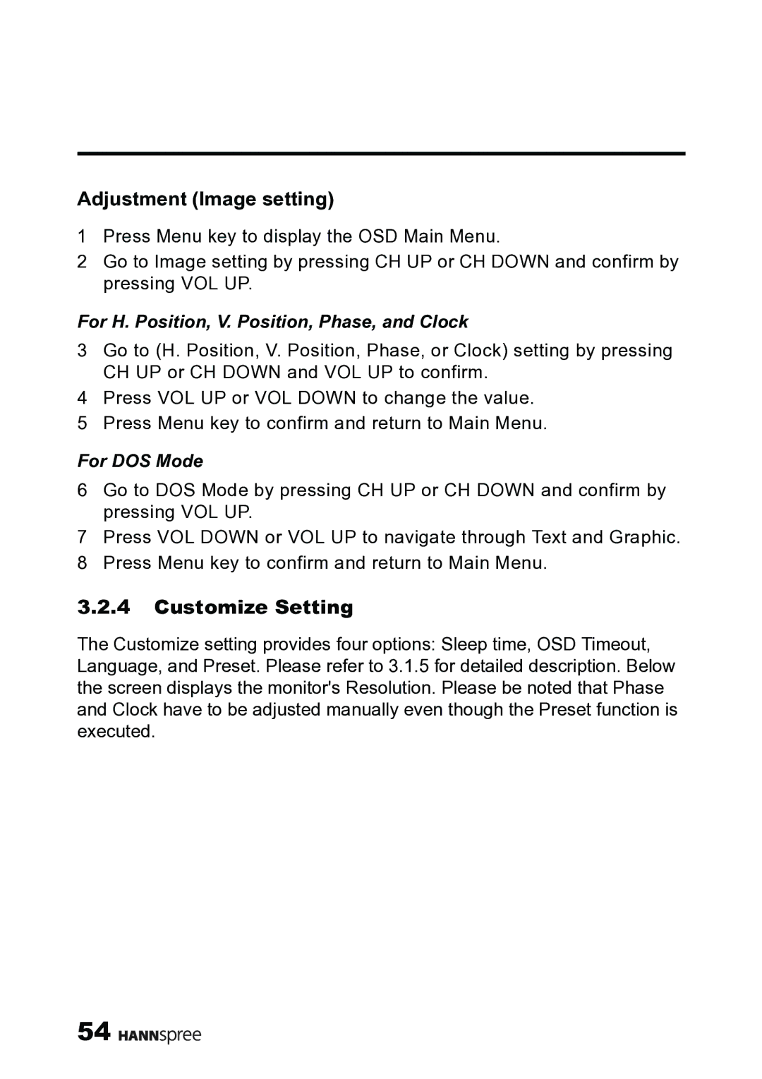 HANNspree MAK-000019 user manual Adjustment Image setting, For H. Position, V. Position, Phase, and Clock, For DOS Mode 