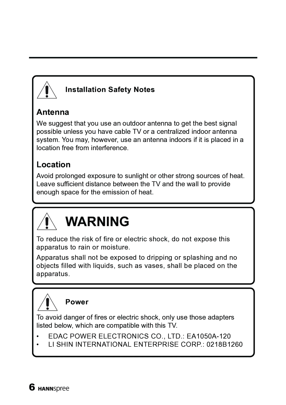 HANNspree MAK-000019 user manual Antenna, Location, Installation Safety Notes, Power 