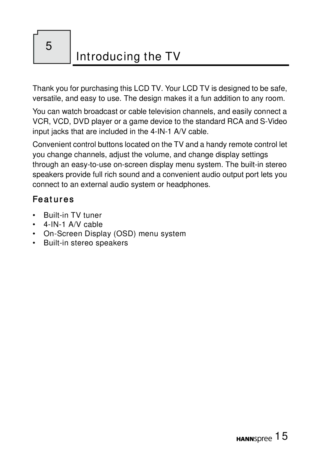 HANNspree MAK-000022 user manual Introducing the TV, Features 