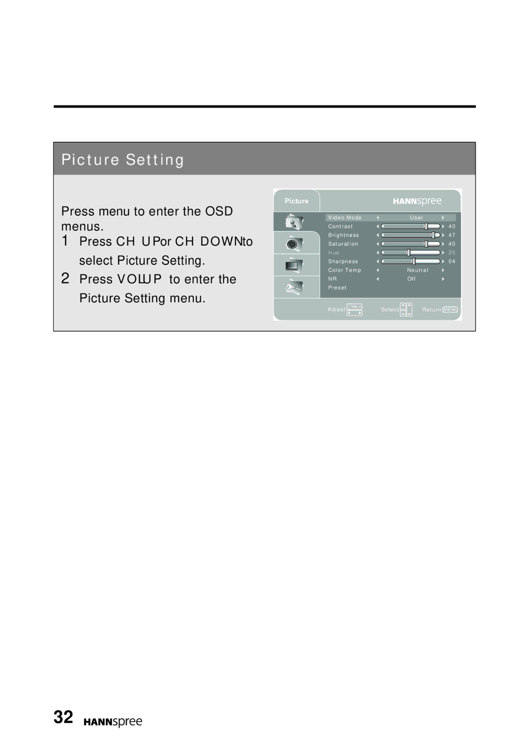 HANNspree MAK-000022 user manual Picture Setting, Press CH UP or CH Down to 