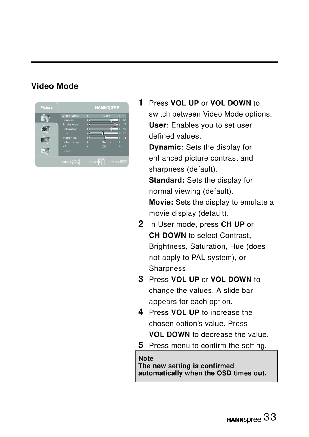 HANNspree MAK-000022 user manual Video Mode, Picture 