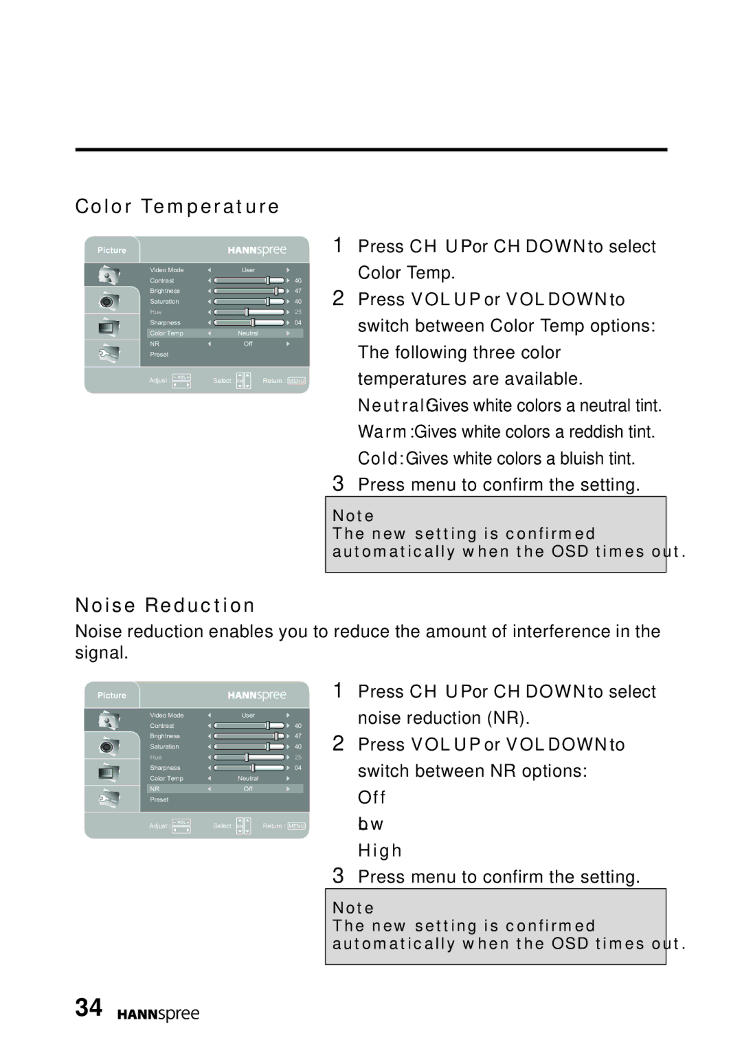 HANNspree MAK-000022 user manual Color Temperature, Noise Reduction 