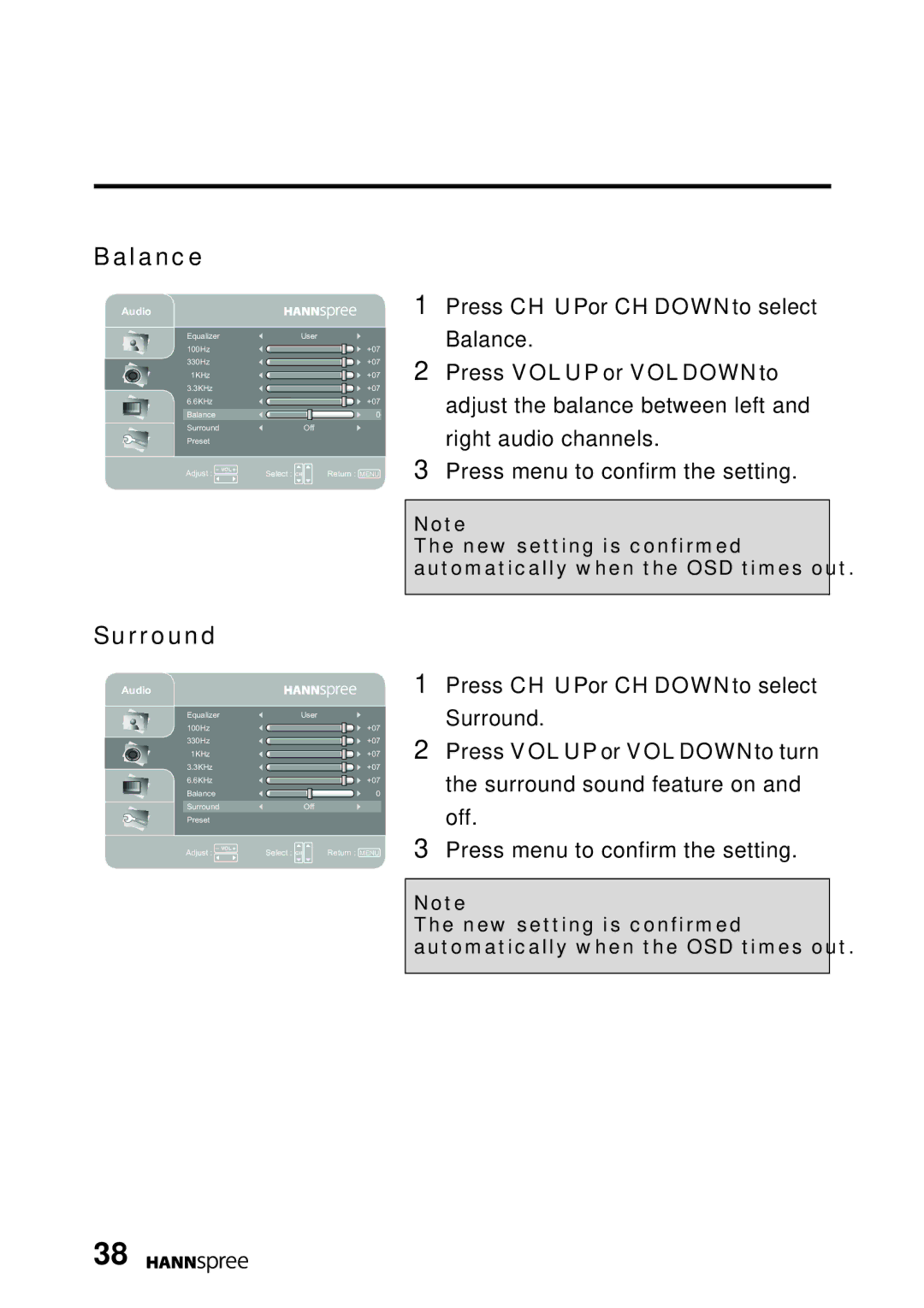 HANNspree MAK-000022 user manual Balance, Surround 