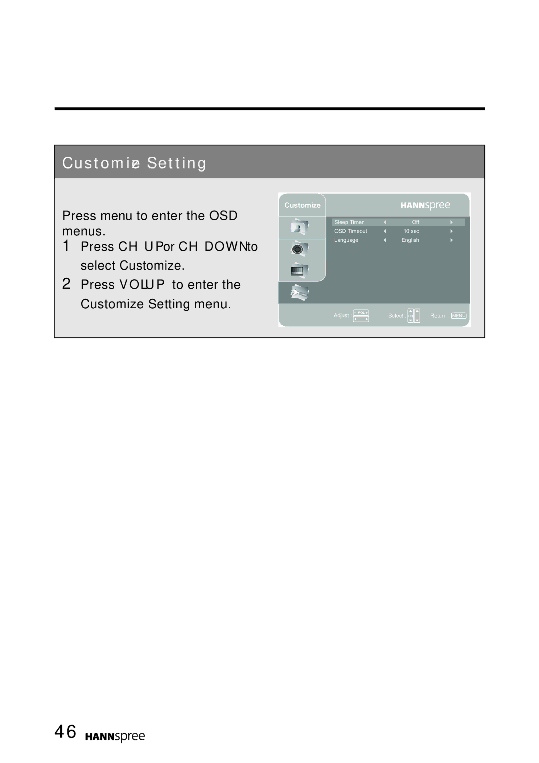 HANNspree MAK-000022 user manual Customize Setting, Press CH UP or CH Down to select Customize 