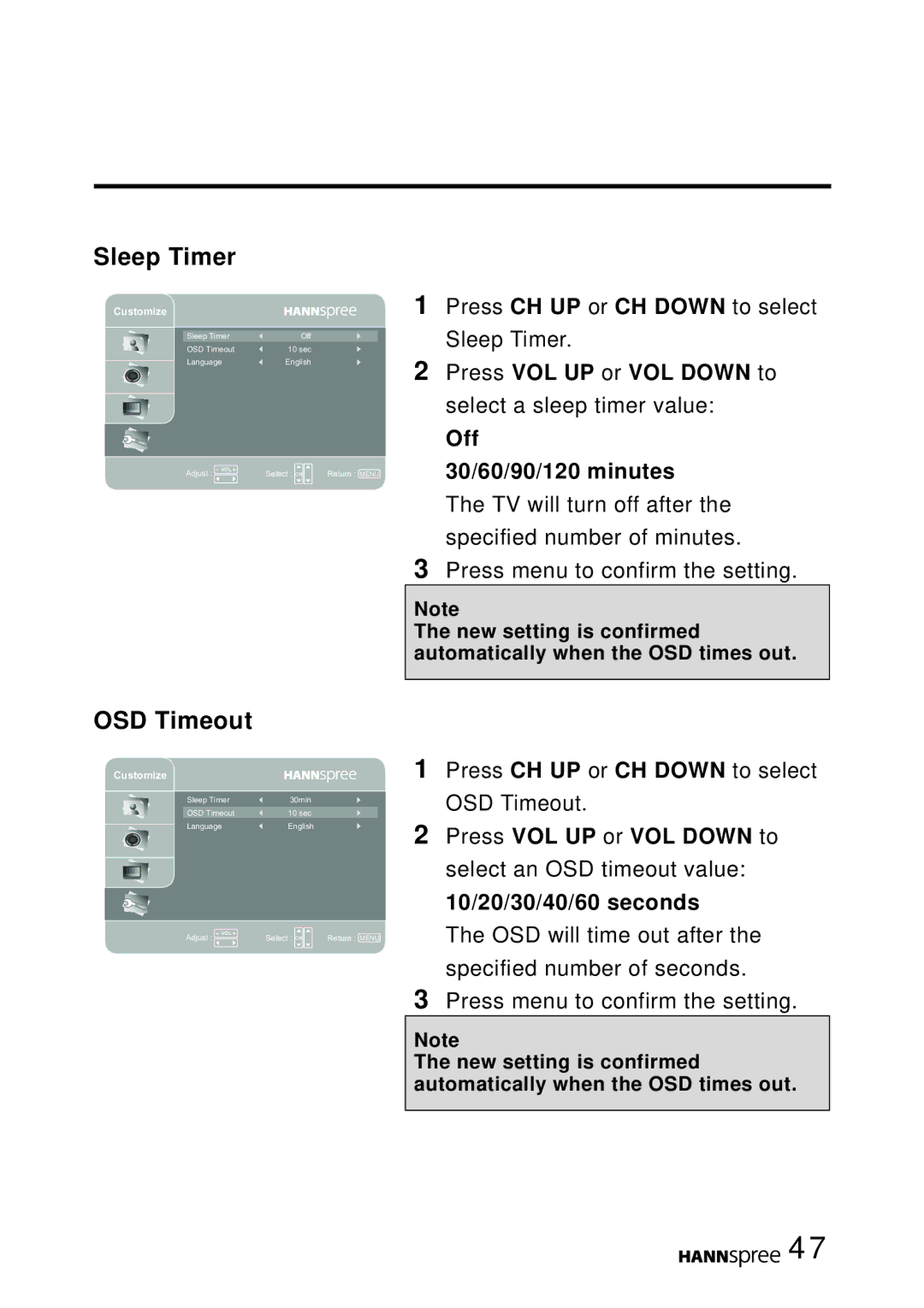 HANNspree MAK-000022 user manual Sleep Timer, OSD Timeout 