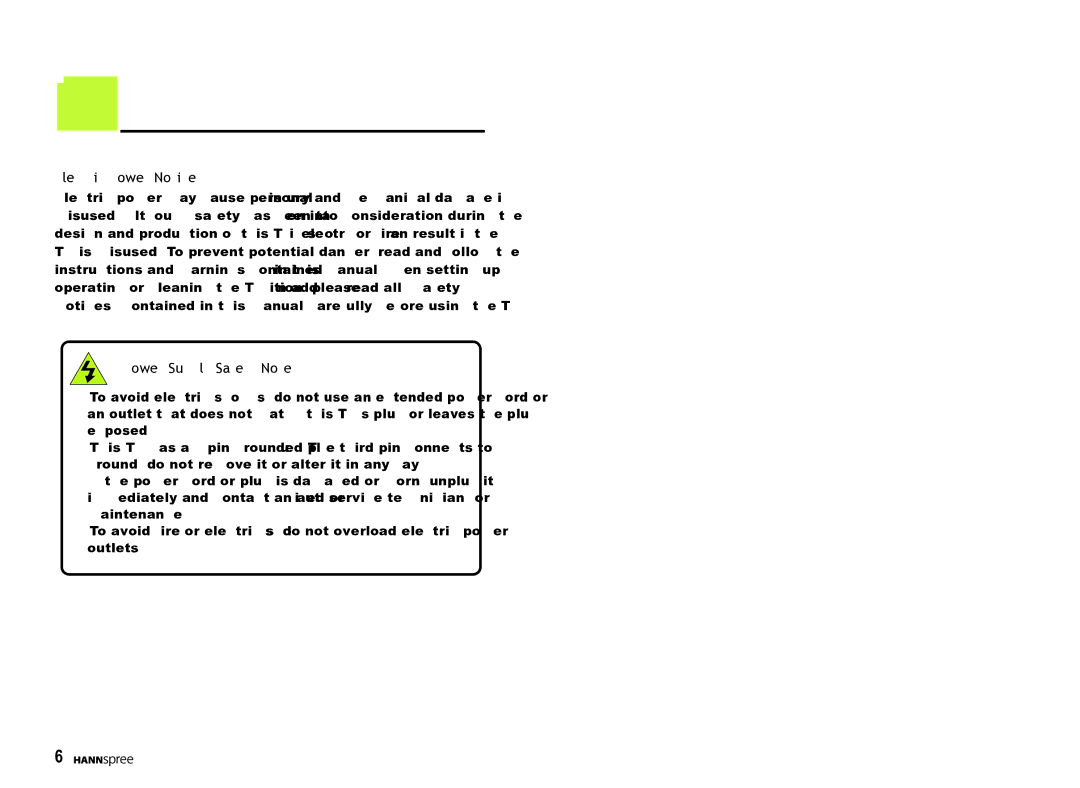 HANNspree MAK-000022 user manual Electric Power Notice, Power Supply Safety Notes 