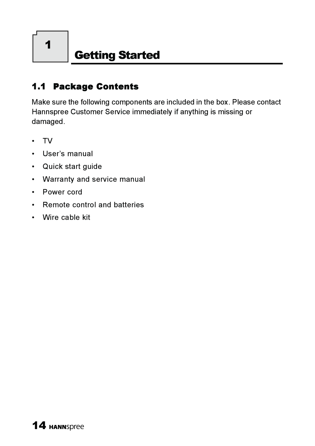 HANNspree MAK-000039 manual Getting Started, Package Contents 