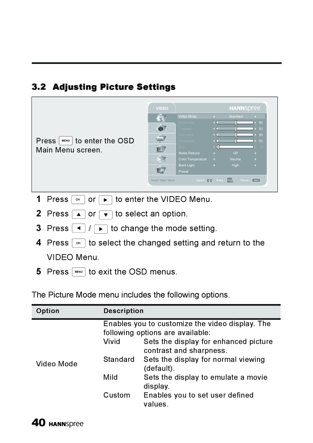 HANNspree MAK-000039 manual Adjusting Picture Settings, Press Menu to enter the OSD Main Menu screen 