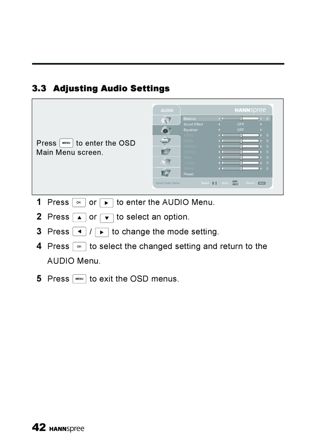 HANNspree MAK-000039 manual Adjusting Audio Settings 