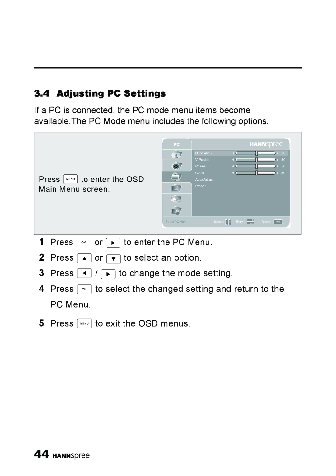 HANNspree MAK-000039 manual Adjusting PC Settings 