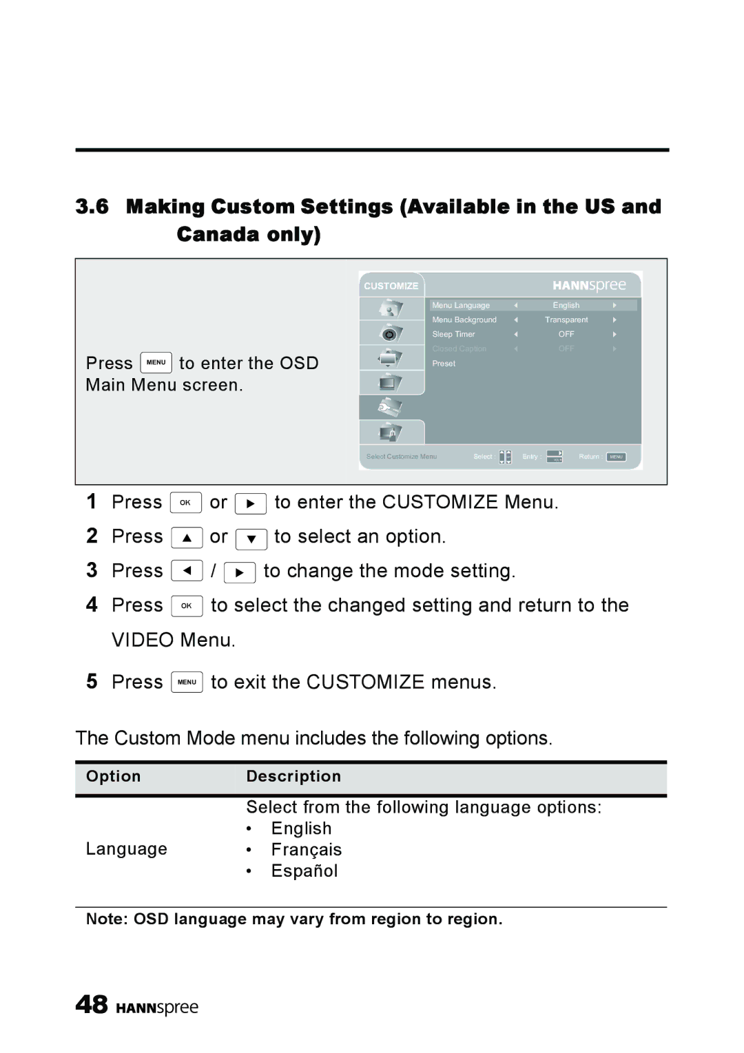 HANNspree MAK-000039 manual Making Custom Settings Available in the US and Canada only, Customize 