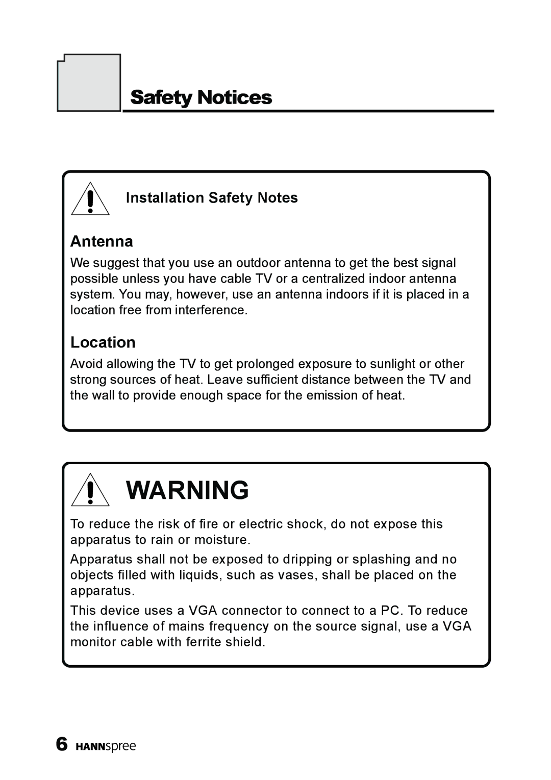 HANNspree MAK-000039 manual Safety Notices, Installation Safety Notes 