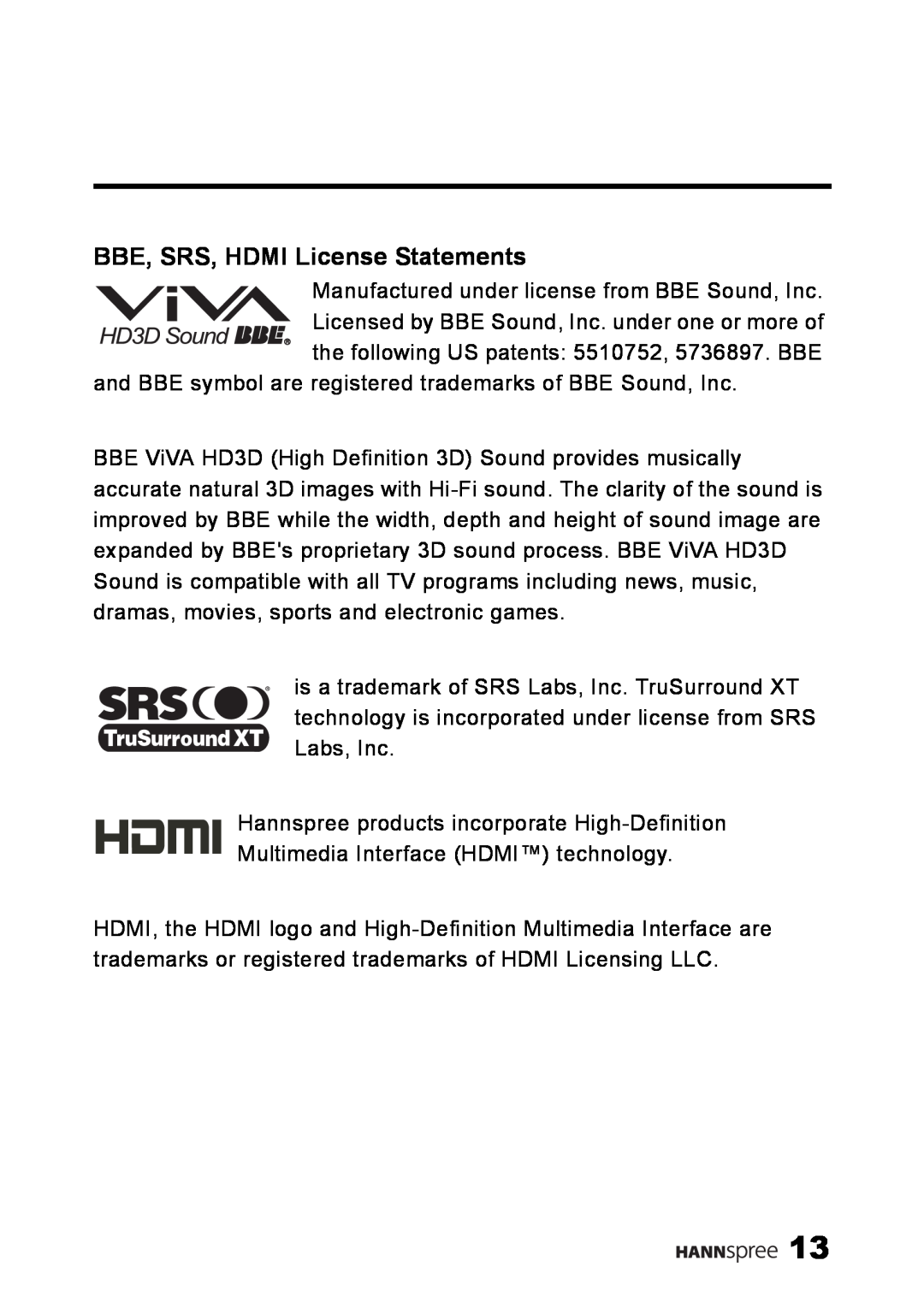 HANNspree MAK-000039 manual BBE, SRS, HDMI License Statements 