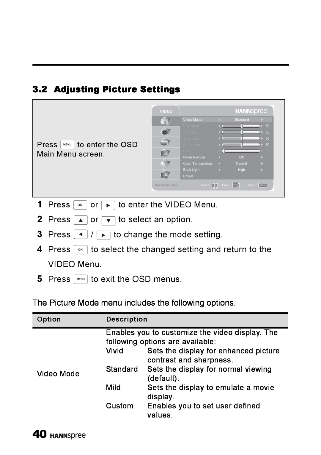 HANNspree MAK-000039 manual Adjusting Picture Settings 