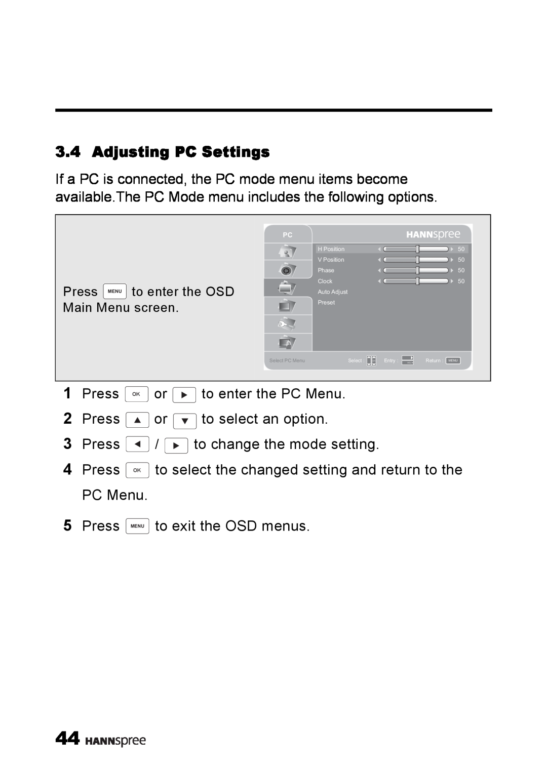 HANNspree MAK-000039 manual Adjusting PC Settings 
