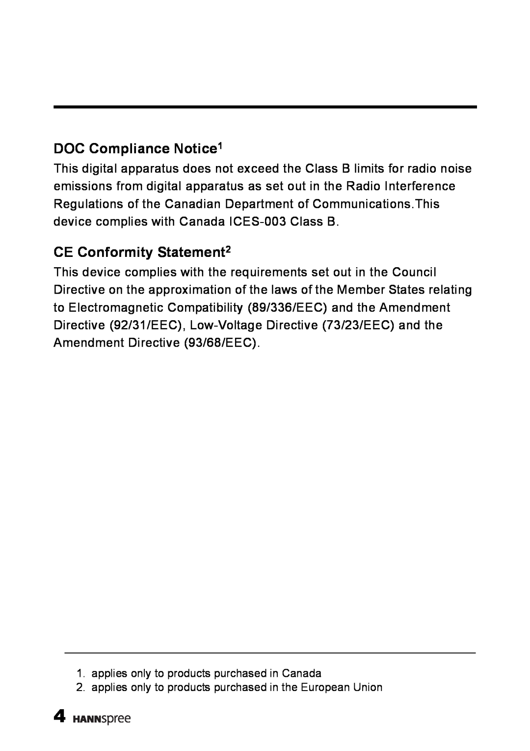 HANNspree MAK-000039 manual DOC Compliance Notice1, CE Conformity Statement2, applies only to products purchased in Canada 