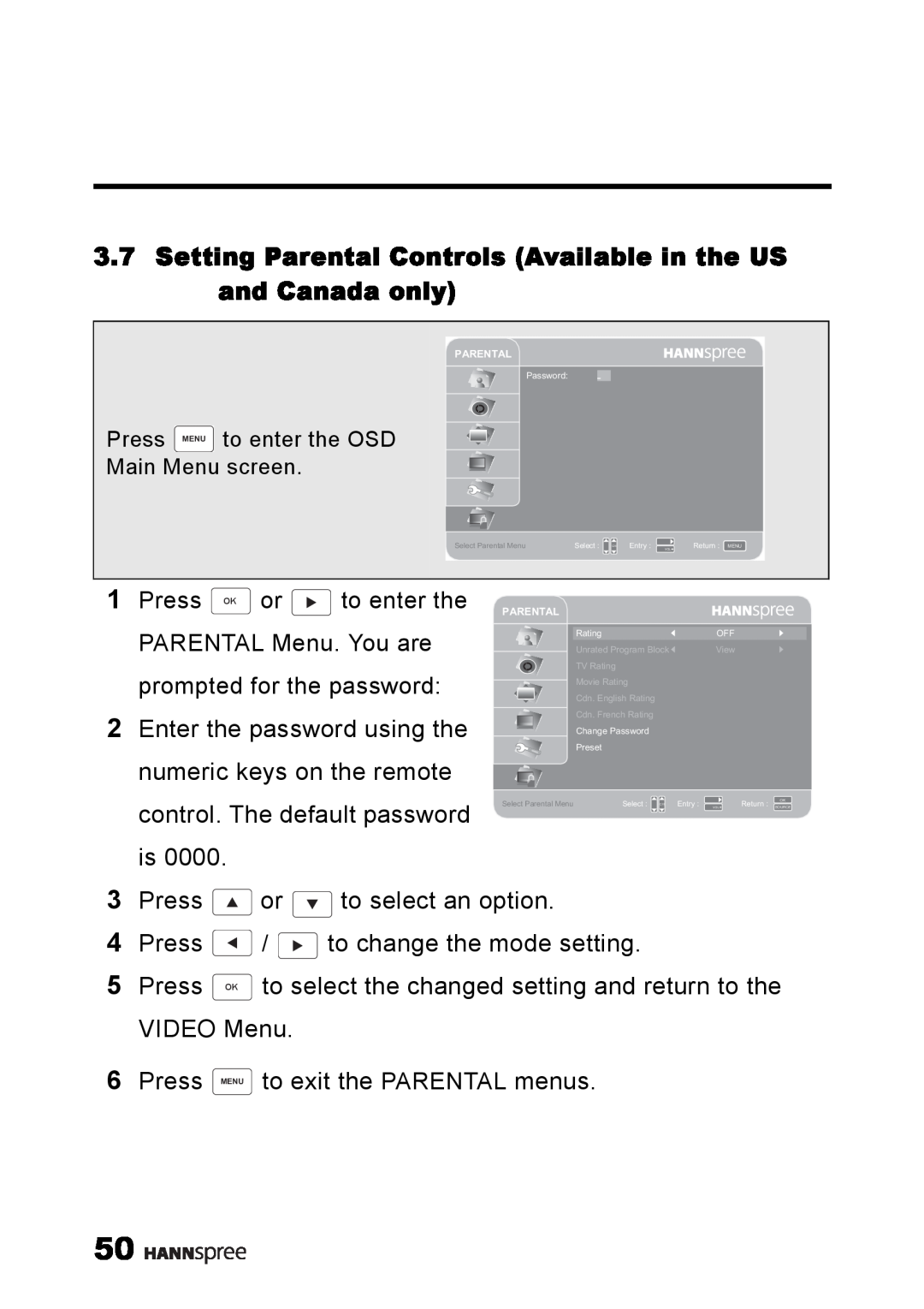 HANNspree MAK-000039 manual Setting Parental Controls Available in the US and Canada only, Select Parental Menu 
